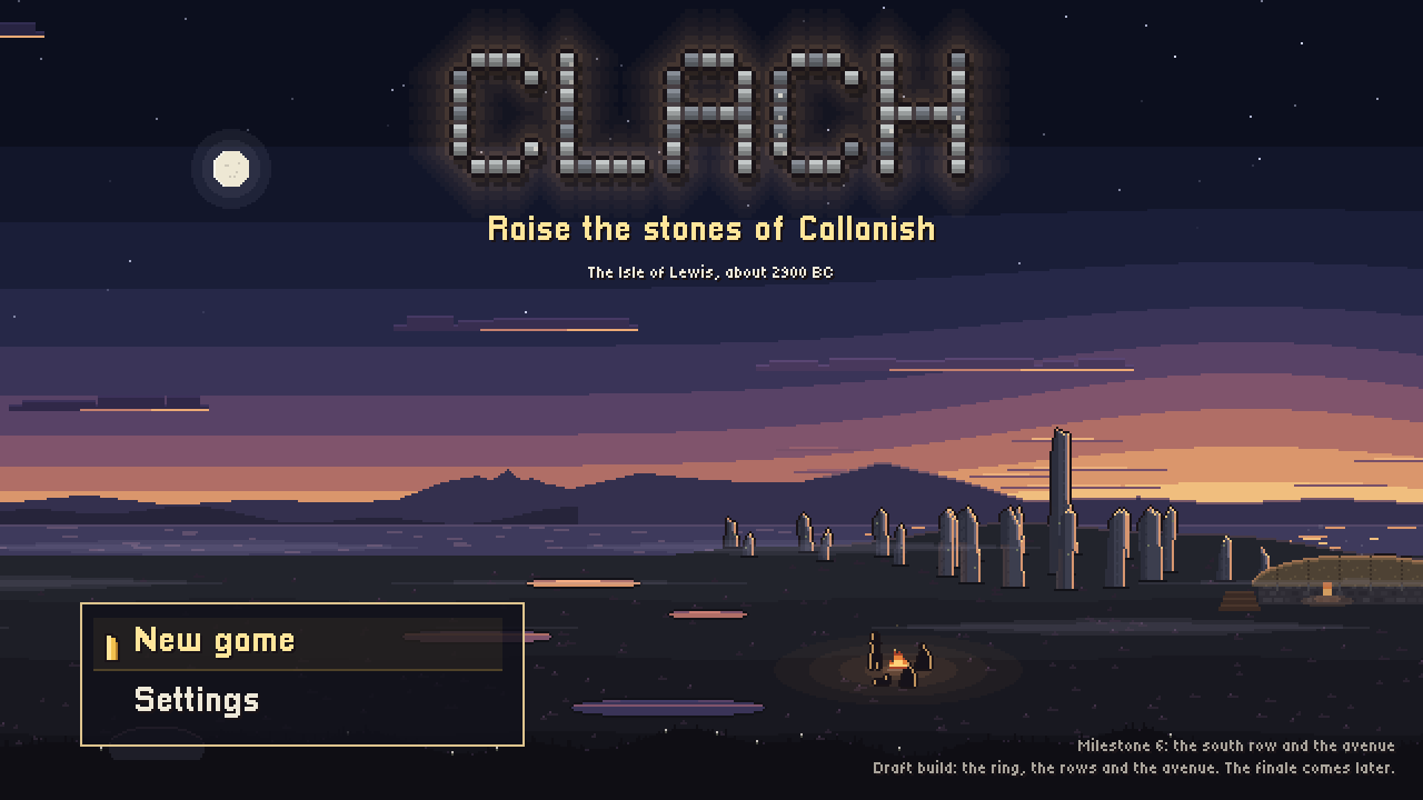 Clach's title screen: the standing stones on the moor at dusk, a fire burning in front of them and a blackhouse to the side.
