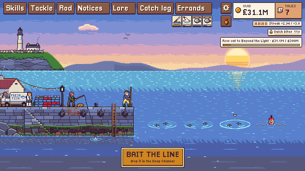 A short loop of The Wee Pier: fishing off the end of a stone pier at sunset.