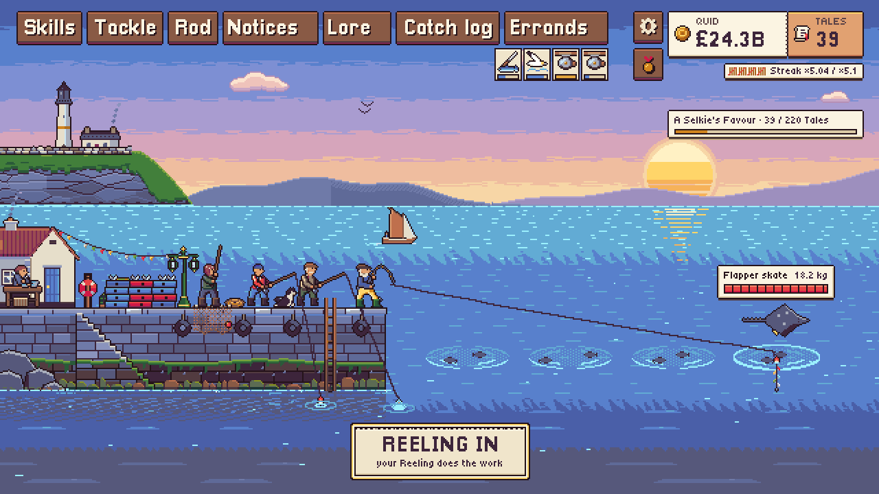 The fisherman reeling in a flapper skate from far out, three hired hands and a collie fishing off the quay beside him.