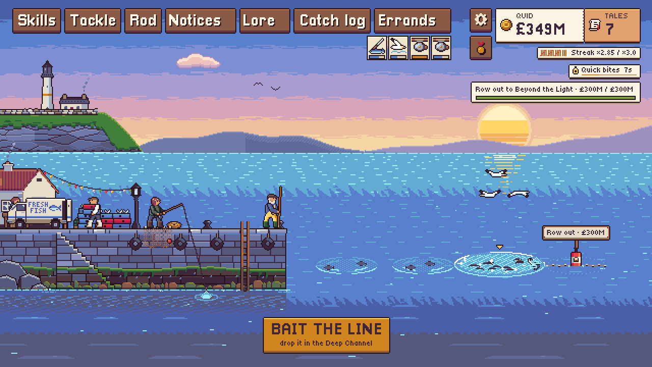 A shoal boiling up out in the bay with gulls over it, and the fish van on the quay.