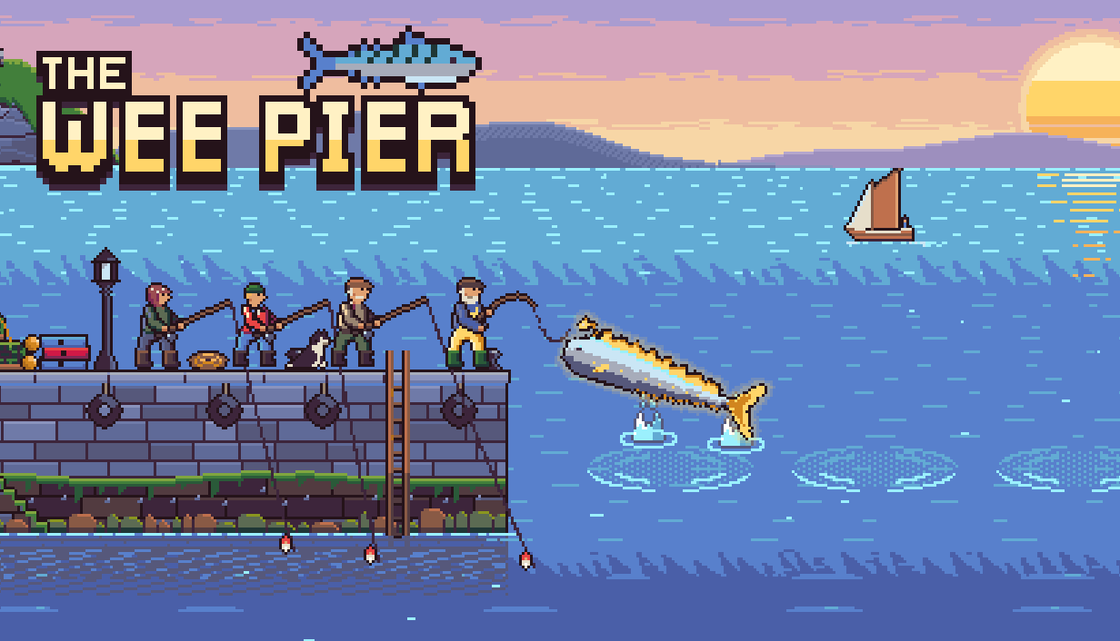 Key art: the logo over the pier at sunset, a big fish leaping.